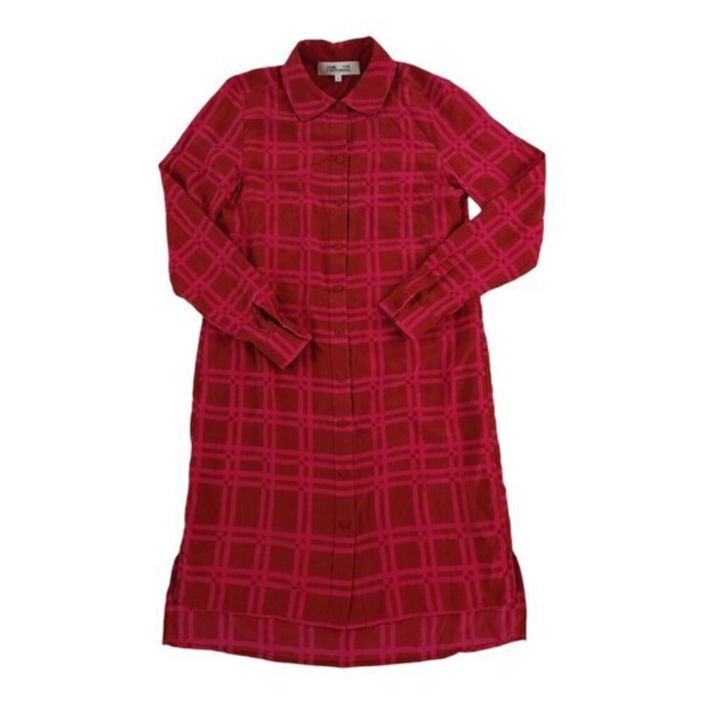 Diane Von‎ Furstenberg Red Plaid Silk Long Sleeve Button Up Shirt Dress Size 2